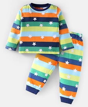 Babyhug Cotton Knit Full Sleeves Night Suit with Stripes & Star Print - Green