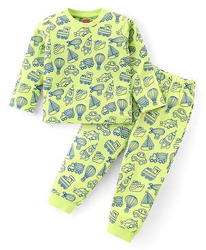Babyhug Cotton Knit  Full Sleeves Night Suit Vehicles Print - Light Green