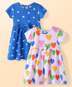 Babyhug Single Jersey Knit Half Sleeves Hearts Printed Frocks Pack Of 2 - Blue & White