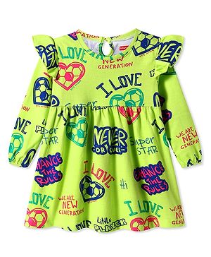 Babyhug Single Jersey Knit Full Sleeves Frock With Text Print - Green
