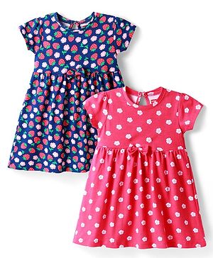 Babyhug Single Jersey Knit Half Sleeves Dresses With Floral & Fruit Print & Bow Applique Pack of 2 - Dark Pink & Navy Blue