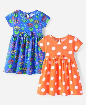 Babyhug Single Jersey Knit Half Sleeves Frocks With Floral & Polka Dots Print Pack Of 2 - Blue & Orange