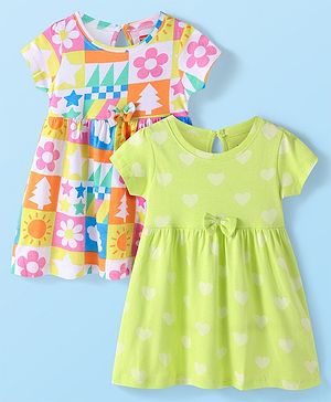 Babyhug Single Jersey Knit Half Sleeves Frocks With Hearts & Floral Print Pack Of 2 - Lime & White