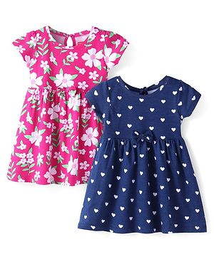 Babyhug Single Jersey Knit Half Sleeves Frocks With Hearts & Floral Print Pack Of 2 - Navy & Pink