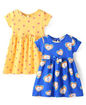 Babyhug Single Jersey Knit Half Sleeves Frocks With Hearts Print & Bow Applique Pack Of 2 - Blue & Yellow