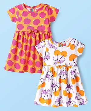 Babyhug Single Jersey Knit Half Sleeves Frocks With Fruit Print & Bow Applique Pack of 2 - Orange & White