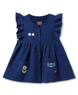Babyhug Single Jersey Knit Frill Sleeves Frock with Floral & Bee Embroidery - Navy Blue