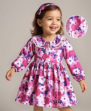 Babyhug Viscose Woven Full Sleeves  Peter Pan Collar Frock & Head Band With Floral Print -  Pink