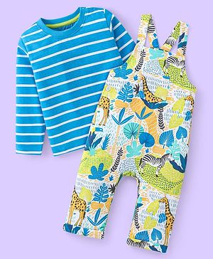 Babyhug Single Jersey Knit Full Sleeves Striped T-Shirt & Full Length Dungaree Set with Zebra Print -Blue & White