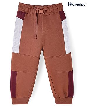 Honeyhap Premium 100% Cotton Knit Full Length Colour Block Track Pant With Bio Finish - Mocha Bisque White Melange & Oriole