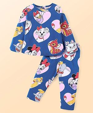 Babyhug Disney Cotton Knit Full Sleeves Night Suit With Classic Characters Graphics - Navy