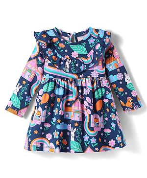 Babyhug Single Jersey Knit Full Sleeves Floral Printed Frock with Frill Detailing - Navy Blue