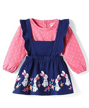 Babyhug Cotton Knit Full Peasant Sleeves T-Shirt & Frock with Bunny & Polka Dots Print -  Navy Blue
