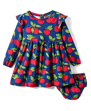 Babyhug Single Jersey Knit Full Sleeves Frock With Fruit Print & Bloomer - Blue
