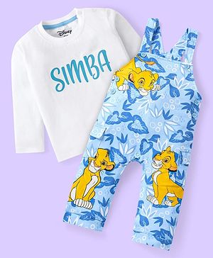 Babyhug Disney Single Jersey Knit Full Length  Dungaree & Full  Sleeves T-Shirt with The Lion King Graphics - White & Sky Blue