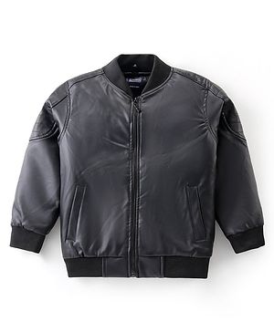 Pine Kids Woven Solid Color Full Sleeves Leather Jacket - Black