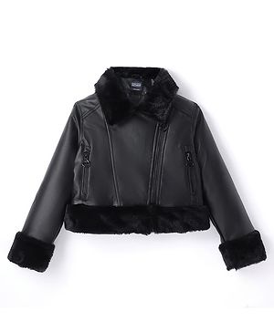 Pine Kids Woven Full Sleeves Leather Jacket With Fur Detailing - Black