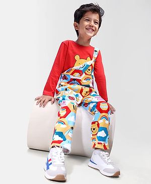 Babyhug Disney Terry Knit Dungaree with Full Sleeves T-Shirt & Winnie The Pooh Graphics - Red & White