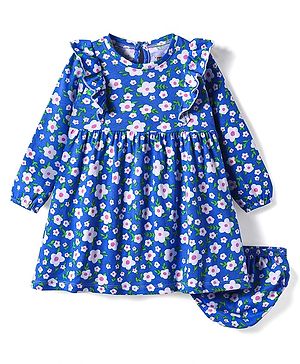 Babyhug Single Jersey Knit Full Sleeves Floral Printed Frock With Bloomer - Blue