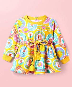 Babyhug Cotton Knit Full Sleeves Winter Frock With Animal & Floral Print - Mustard