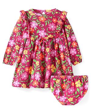 Babyhug Single Jersey Knit Full Sleeves Frill Detailing Frock with Bloomer Floral Print - Maroon