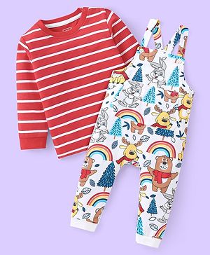 Babyhug Single Jersey Knit Full Sleeves Striped T-Shirt & Full Length Dungaree Set with Animals Print -Red & White