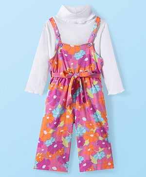 Babyhug Cotton Knit Floral Printed Jumpsuit With Full Sleeves T-Shirt - White & Lilac
