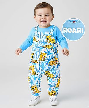 Babyhug Single Jersey Knit Dungaree and Full Sleeves T-Shirt Set with Cub Print - White & Sky Blue