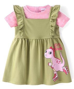 Babyhug Cotton Knit Frock with Half Sleeves Inner T-Shirt with Polka Dots & Dino Print - Pink & Olive Green