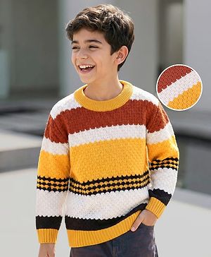 Pine Kids Knitted Full Sleeves Pullover Sweater With Colour Block Design - Yellow