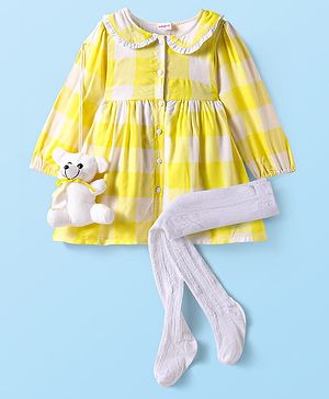 Babyhug Cotton Knit Full Sleeves Checkered Peter Pan Collared Frock with Leggings & Teddy Sling  - Yellow