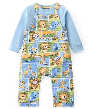 Babyhug Single Jersey Knit Dungaree and Full Sleeves T-Shirt Set Wild Animal Print - Blue