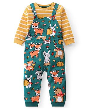 Babyhug Single Jersey Knit Full Sleeves Striped T-Shirt & Dungaree with Animal Print - Yellow & Green