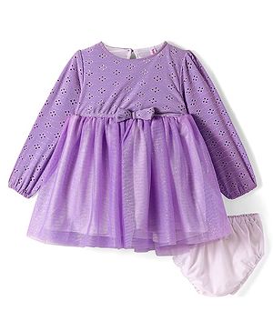 Babyhug Mesh Woven Full Peasant Sleeves Frock with Bloomer Glitter Detailing & Bow Applique - Lilac
