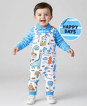 Babyhug Single Jersey Knit Full Sleeves Striped T-Shirt & Dungaree with Dino Print - Blue & White