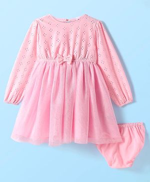 Babyhug Mesh Woven Full Peasant Sleeves Anti Bacterial Frock with Bloomer Bow Applique & Schiffli Detailing - Pink