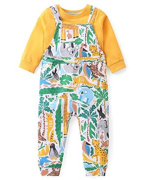 Babyhug Cotton Knit Koala Bear Printed Dungaree with Full Sleeves T-Shirt - Yellow & White