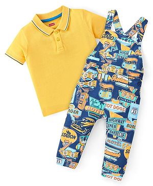 Babyhug Single Jersey Knit Half Sleeves Polo T-Shirt & Full Length Dungaree Set with Palm Beach Print  -Yellow & Navy