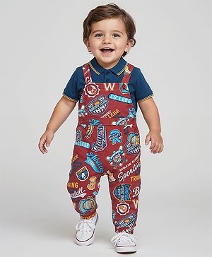 Babyhug Single Jersey Knit Dungaree with Polo T-Shirt Text Print - Navy Blue & Red