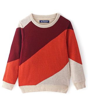 Pine Kids Knitted Full Sleeves Colour Block Designed Pullover Sweater - Red Maroon & Beige