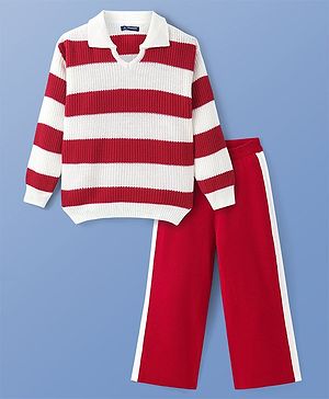 Pine Kids Knitted Full Sleeves Pullover Striped Collared Sweater & Pant Set - Red & White