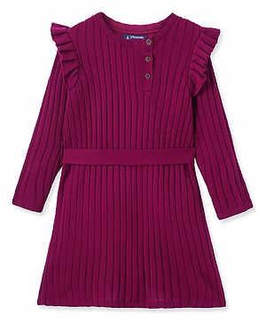 Pine Kids Knit Full Sleeves Solid Colour  Woollen Dress with Frill Detailing - Maroon