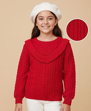 Pine Kids Knitted Full Sleeves Pullover Sweater with Cable Knit Design & Frill Detailing - Red