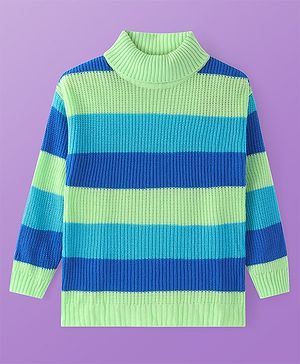 Pine Kids Knitted Full Sleeves Turtle Neck Pullover Sweater with Stripes Design - Light Green