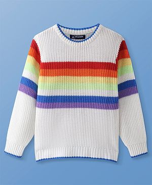 Pine Kids Knitted Full Sleeves Color Block Designed Sweater - White