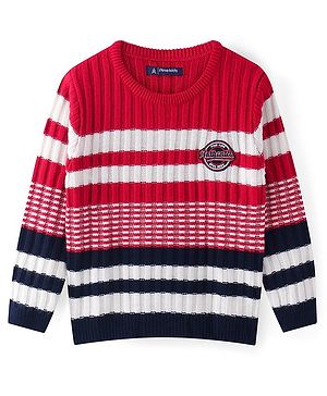 Pine Kids Knitted Full Sleeves Pullover Sweater with Stripes & Cable Knit Design - Red