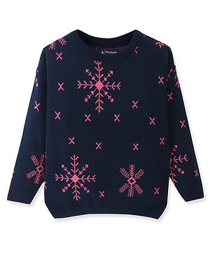 Pine Kids Knitted Full Sleeves Pullover Sweater With Snowflakes Design - Navy Blue