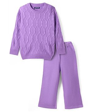 Pine Kids Knitted Full Sleeves Sweater & Pant Set with Cable Knit Design - Purple