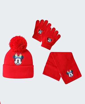 Babyhug Woollen Cap Gloves & Muffler Set With Pom Pom Applique & Minnie Mouse Graphics - Red