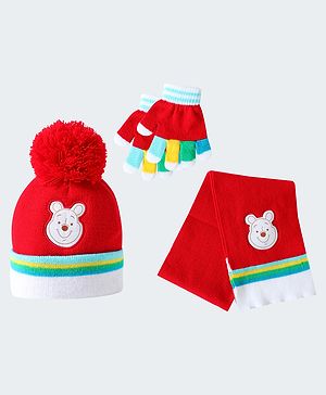 Babyhug Woollen Cap Cap Gloves & Muffler Set With Pom Pom Applique & Winnie the Pooh - Red